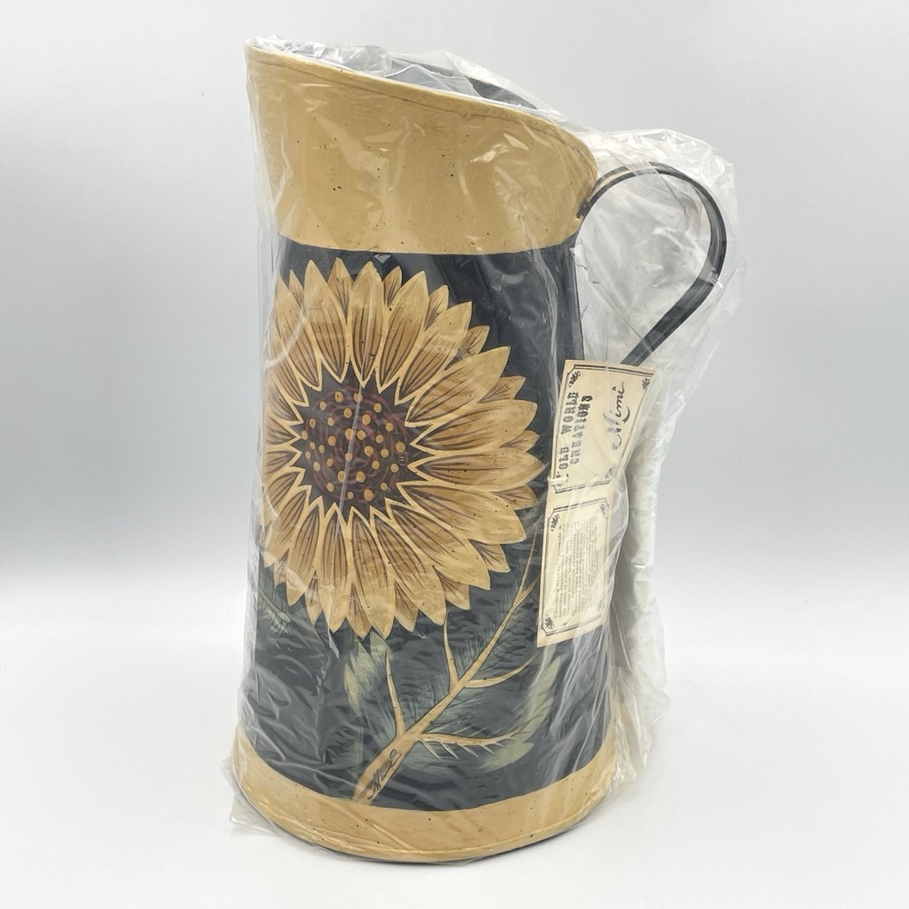 Vintage 1990s Mimi Hand Painted Sunflower Metal Pitcher 11.5" Farmhouse Decor
